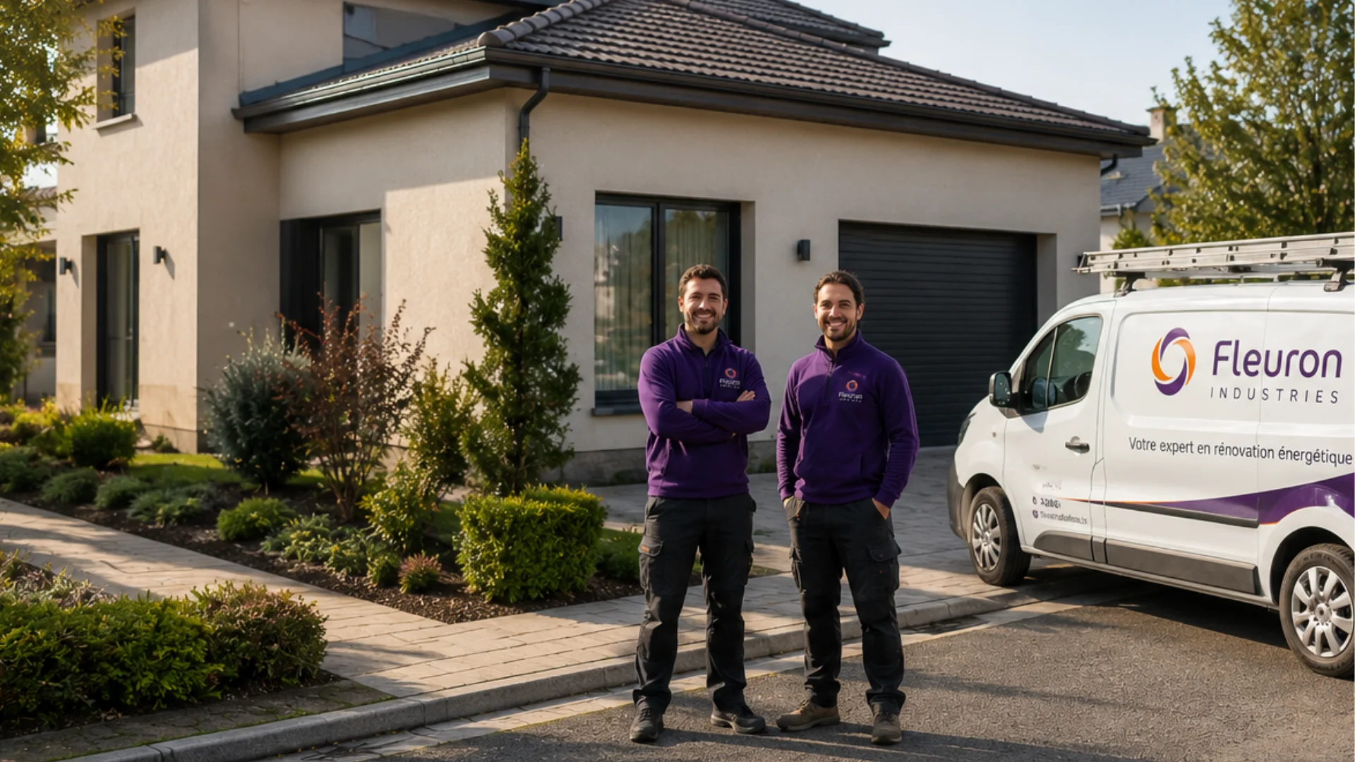 image avec deux techniciens en train de faire une photo devant une maison